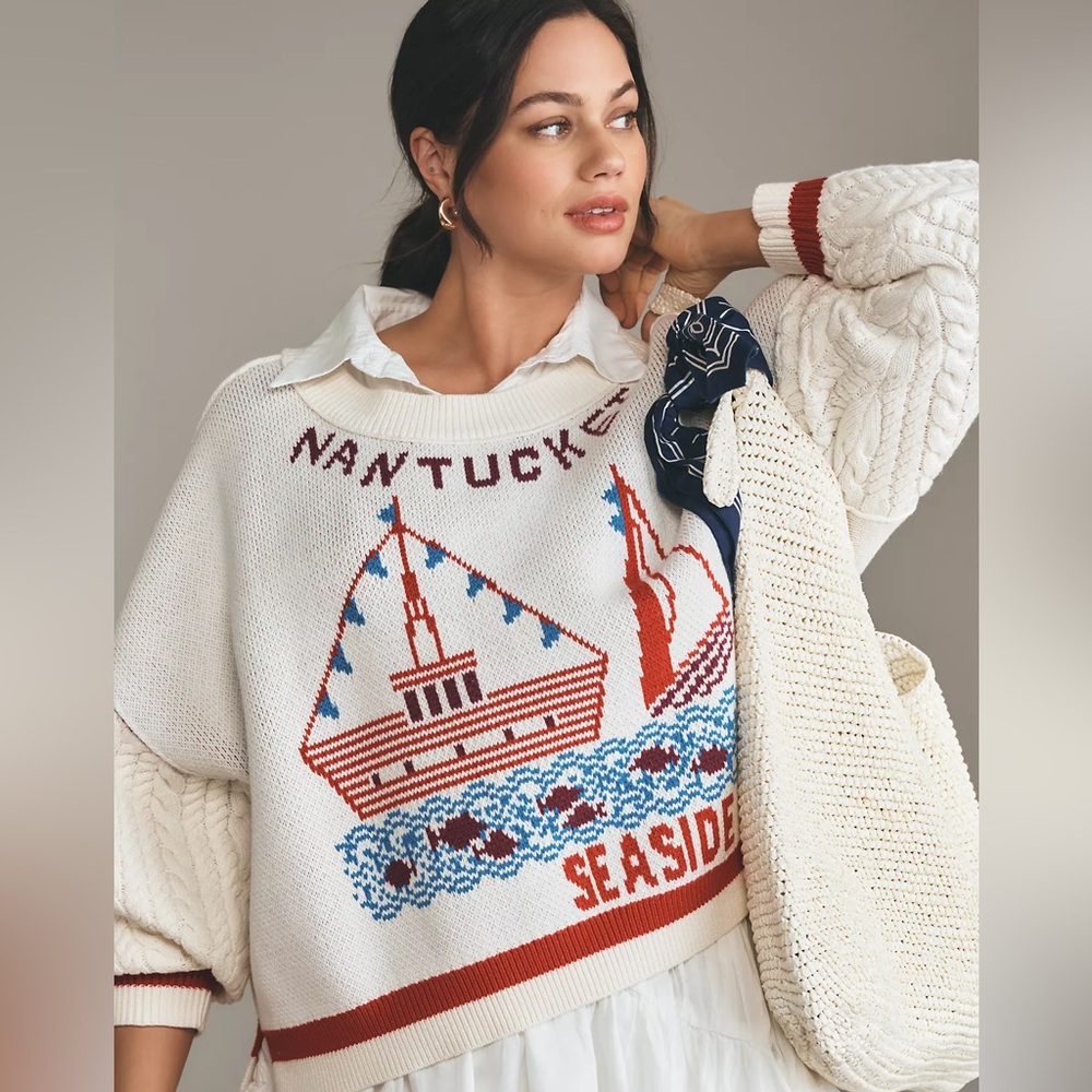 NWT Maeve Graphic Cable-Knit Sweater with Nautical Charm Nantucket Sailboats - Picture 10 of 10